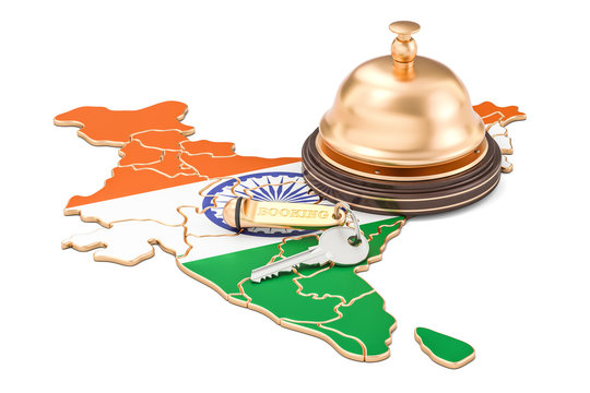 India Booking Concept. Indian Flag With Hotel Key And Reception Bell, 3D Rendering