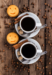 Breakfast with coffee and croissants on table