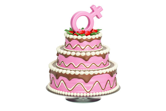 Pink cake with female gender sign, 3D rendering