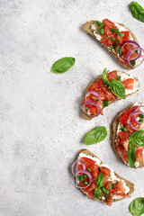 Italian bruschetta with tomato,cream cheese and greens.Top view with space for text.