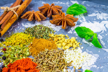 Spices and herbs on a black background