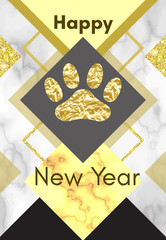 2018 chinese new year of yellow dog concept with golden vector paw track, glitter, geometric shapes and triangles, marble background, template for calendar, poster, banner, greeting card