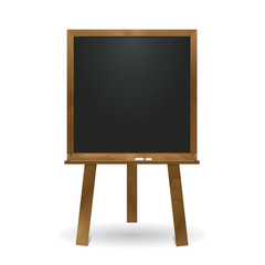 Standing square blackboard in wooden frame. Chalkboard isolated on white background. Applicable for business and educational presentation. 3d realistic illustration.
