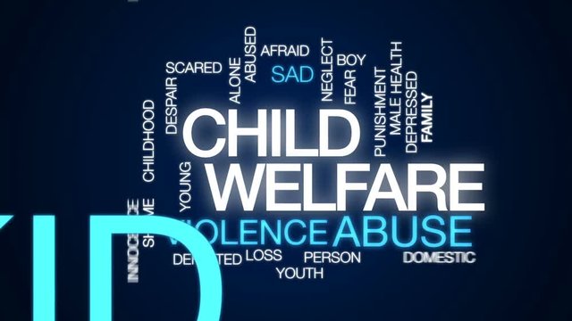 Child welfare animated word cloud, text design animation.