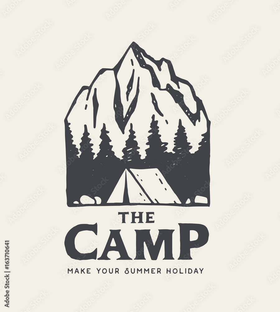 Wall mural Camping park logo. Native forest, mountain and tent on light background. Hand Drawn. Summer travel vacation. Sketch illustration.