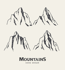 Hand Drawn mountains. Set of travel sketch illustration. Adventures logos isolated on light background. Vector illustration.