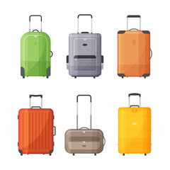 Set of bags for travel. Suitcases with handle for travel. Vector illustration.