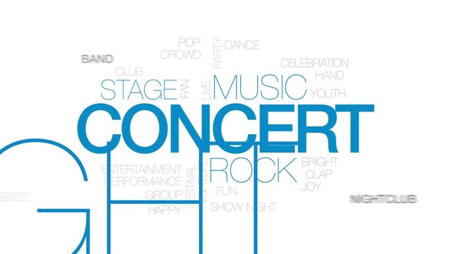 Concert animated word cloud, text design animation. Kinetic typography.