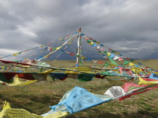 Tibet, Lake Manasarovar and Tibetan Flags. 