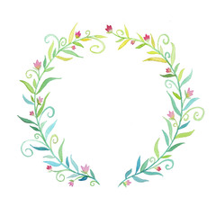Fototapeta na wymiar hand painted watercolor flowers on wreath in charming pretty country style circle illustration in blue pink green yellow and teal