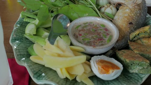 Thai Food Nam Prik Set, Shrimp Paste Chilli Sauce set with Vegetables and shortbodied mackerel fish