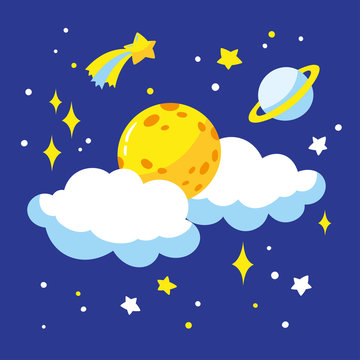 Cartoon full moon and clouds in the night sky. Vector illustration is suitable for greeting cards, posters and prints on t-shirts.