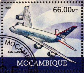 Passenger airliner Airbus A380 on postage stamp
