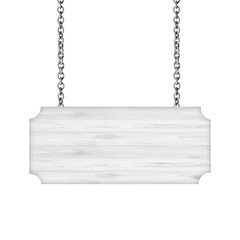 White Wooden sign hanging on a chain isolated on white