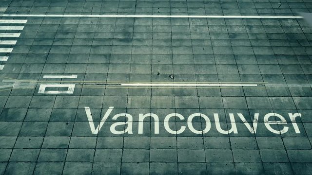 Aerial view of commercial plane landing at Vancouver airport. Travel to Canada conceptual 4K intro animation