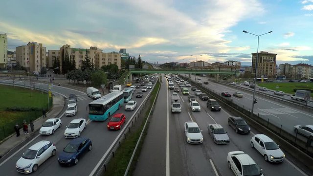 Dense traffic at Bostanci Highway. People lose 118 hours on average stuck in traffic annually. Congestion rate jumps to 80 percent during rush hours in the morning. Istanbul is working on large projec