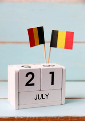 July 21 Wooden calendar Concept independence day of belgium and Belgium national day.Vintage tone