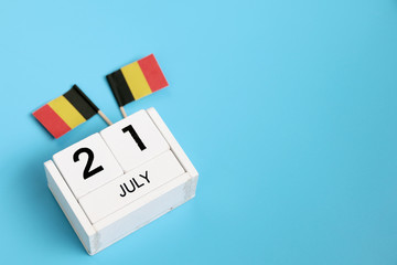 July 21 Wooden calendar Concept independence day of belgium and Belgium national day. Copy...