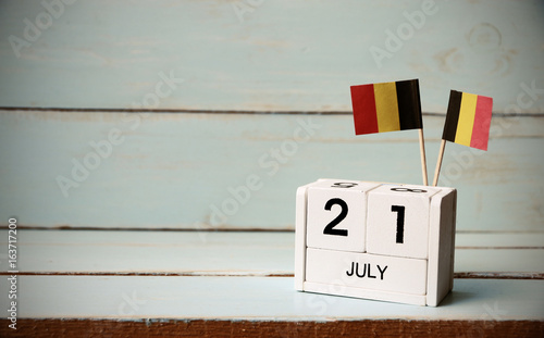 July 21 Wooden calendar Concept independence day of belgium and Belgium national day.Vintage tone