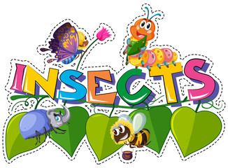 Word insects with different insects on leaves