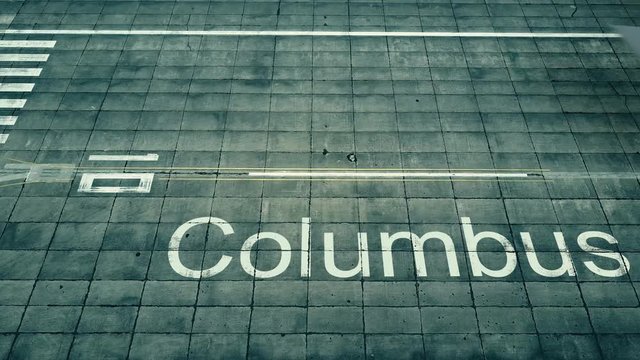 Aerial view of commercial plane landing at Columbus airport. Travel to the United States conceptual 4K intro animation