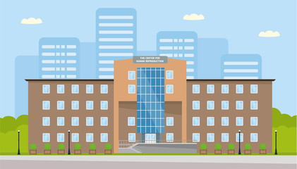 The building of the center for human reproduction. Artificial insemination, in vitro fertilization, treatment of infertility in women and men, sperm Bank. Vector illustration in a flat cartoon style
