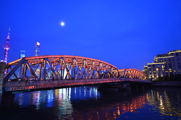 Night traffic lights inside of the Garden Bridge of shanghai china.