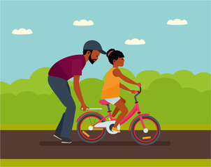 Family leisure. Summer time. African American people. Father walking with daughter in Park, father helping daughter to ride a bike. Vector illustration in a flat cartoon style