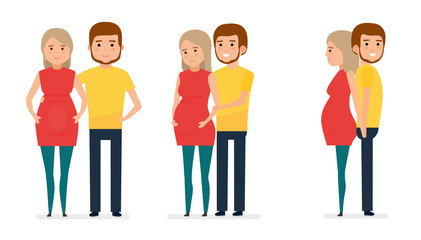 A set of three poses of a pregnant happy woman and her husband. Happy family. Vector illustration in a flat cartoon style