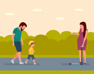 Family leisure. Summer time. Family on a walk in the Park. mother encourages son to ride a scooter. Vector illustration in a flat cartoon style