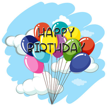 Happy Birthday card template with balloons in sky