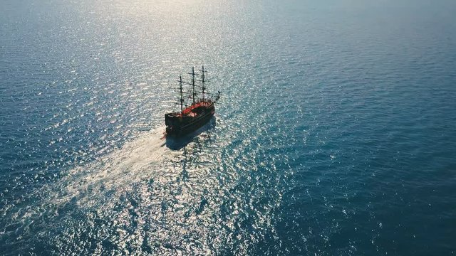 Aerial view of the party boat sailing ship at sea
