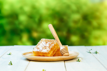 Sweet honeycomb and dipper, white wooden background