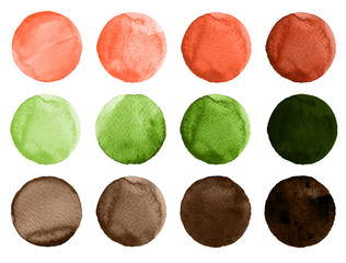 Watercolor circles in shades of green, red and brown colors isolated on white background.