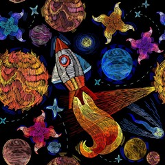 Embroidery universe seamless pattern. Rocket, planet, solar system, galaxy. Space embroidery, planet and space rockets. Childish background t-shirt design