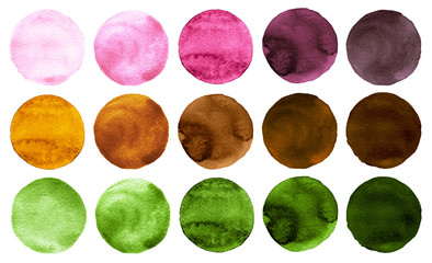 Watercolor circles in shades of green, pink, red and brown colors isolated on white background.