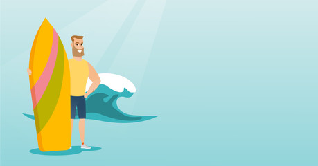 Young caucasian surfer holding a surfboard.