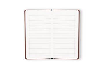 white opening notebook with brown cover