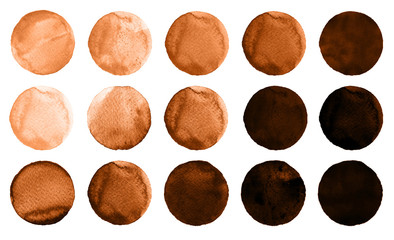 Watercolor circles in shades of orange and brown colors isolated on white background. - 163719087