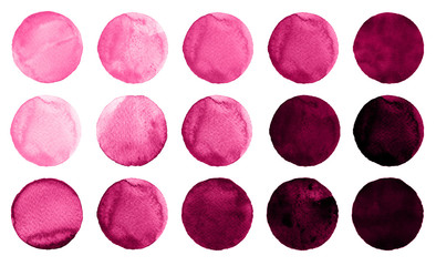 Watercolor circles collection pink colors. Stains set isolated on white background. Design elements