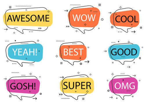 Trendy speech bubble isolated set. Awesome, yeah, cool, super, omg, good, best, wow, gosh label isolated vector illustration. Most commonly used acronyms, abbreviation, and replica collection.