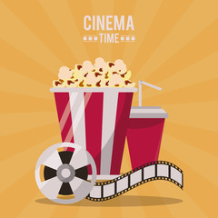 colorful poster of cinema time with popcorn pack and drink and film reel