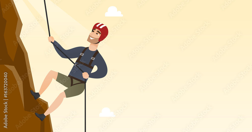 Poster Young caucasian man climbing a mountain with rope.