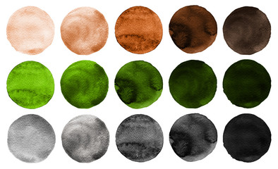Watercolor circles in shades of green, gray and brown colors isolated on white background.