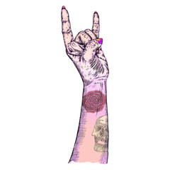 Pink gothic emo witch girl hand in rock n roll sign with human skull and rose flash tattoo. Rock and metal music poster. Female feminine wrist or fist with gesture of demon, evil, Satan. Vector.