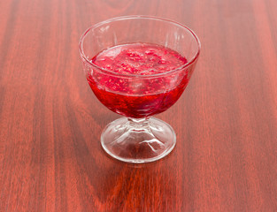 Raspberry jam in the glass dessert bowl