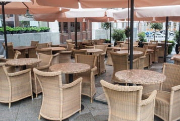 Tables of a street cafe after a rain