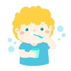 Happy boy brushing teeth cartoon vector.