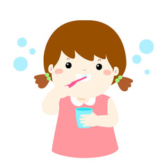 Happy girl brushing teeth cartoon vector.