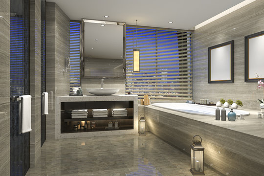 3d rendering night view bathroom with modern luxury design